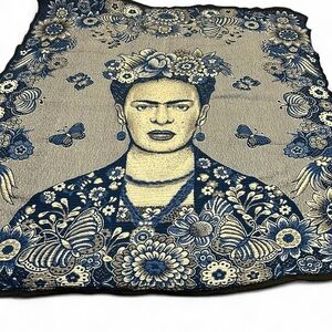 Blue and Cream Frida Kahlo Artistic Tapestry Throw Blanket Twin Size